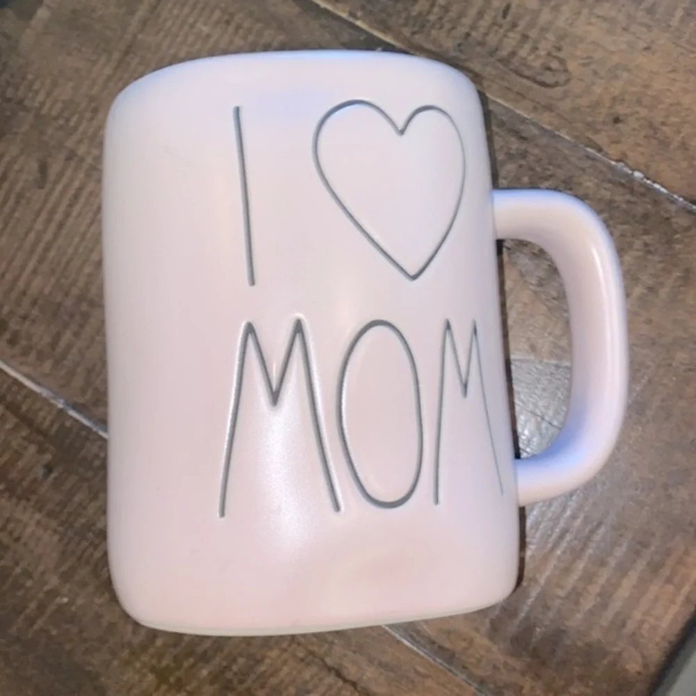 Rae Dunn light pink I Love Mom large letter ceramic coffee mug farmhouse